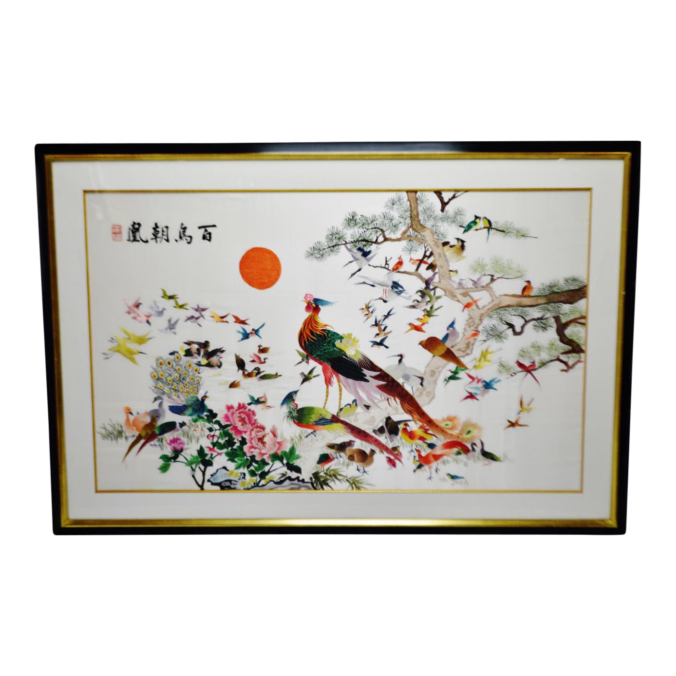 Vintage Framed 100 Birds Adore the Phoenix Chinese Silk Embroidery