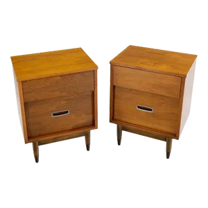 Pair Light American Walnut Two Drawers End Tables Nightstands Cabinets Dowel Leg