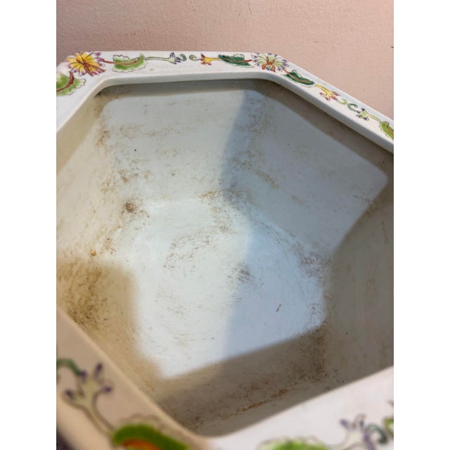 Late 19th-century Chinese ceramic yellow/white floral painted hexagonal planter. Some mild discoloration/signs of use to...