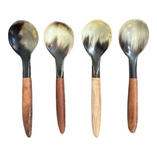 Hand Carved Teak Handle Horn Spoons Set of 4 For Sale