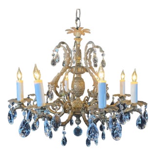 Vintage Chandelier- Vintage Spanish Brass Chandelier With 8 Lights & Faceted Crystal For Sale