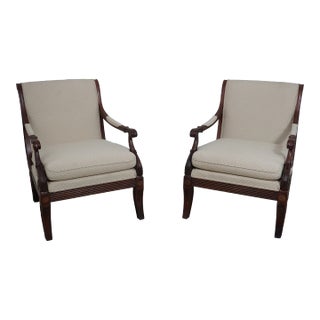 Pair Ethan Allen Regency Carved Upholstered Armchairs For Sale