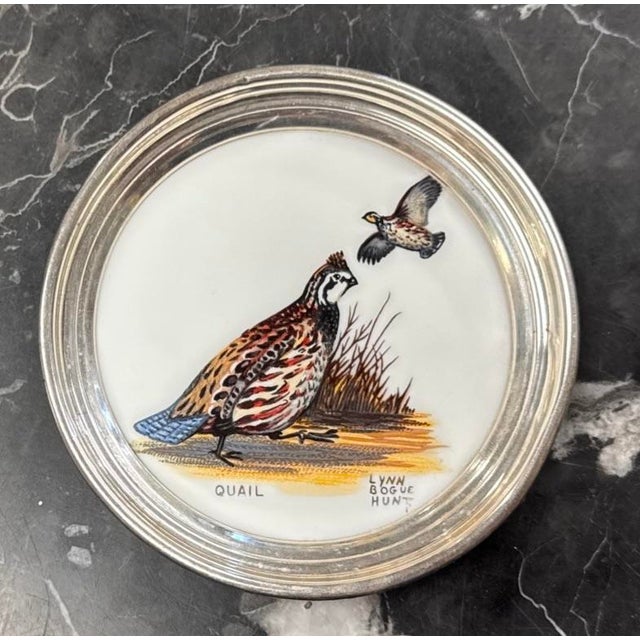 White Vintage Hand Painted Porcelain Quail Game Bird Sterling Rimmed Coaster Hunt For Sale - Image 8 of 8