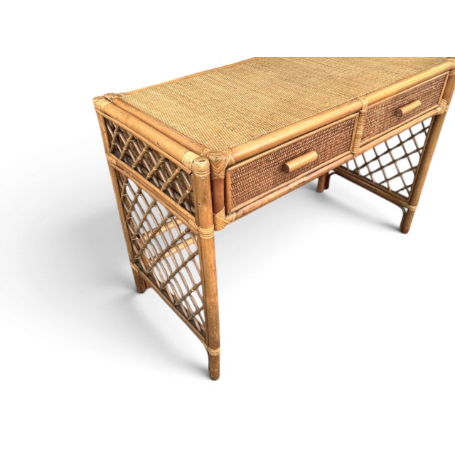 Wood 1970s Coastal Rattan Vanity and Writing Desk With Two Storage Drawers For Sale - Image 7 of 11