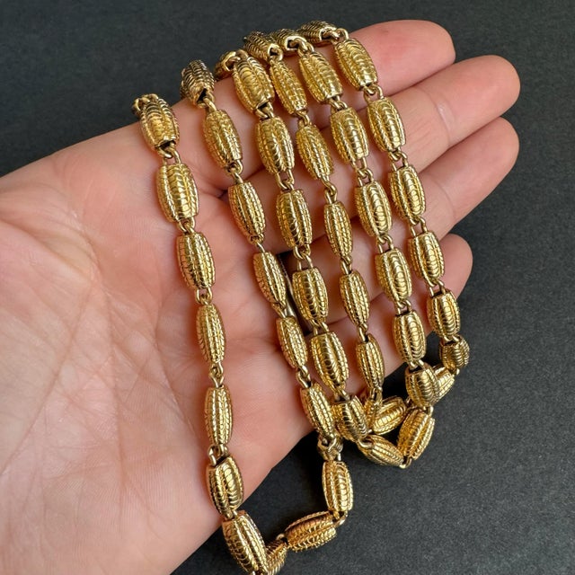 Vintage 1980s Monet Gold Necklace Statement Textured Bead Link Chunky Maximalist 36" Long For Sale - Image 6 of 8