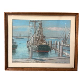 Vintage Dockside Landscape Framed Pastel Watercolor Painting W Backside of Boat For Sale