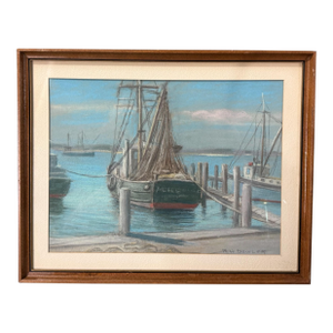 Vintage Dockside Landscape Framed Pastel Watercolor Painting W Backside of Boat