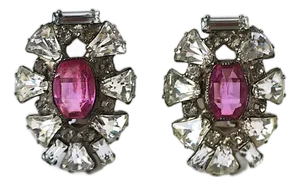 Rhinestone Cluster Earrings With Magenta Pink Accent, Circa Early 20th Century- Set of 2