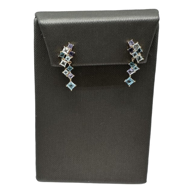 Multicolor Blue Gemstone Dangle Earrings 10kt Yellow Gold 1.75ctw New, A Pair For Sale