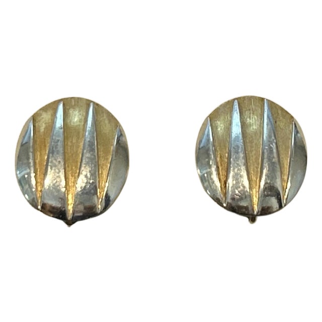 1980s Crown Trifari Vintage Brushed Gold and Silver Tone Domed Clip-on Earrings, A Pair For Sale
