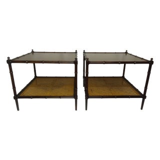 Baker Faux Bamboo Tables w/ Cane and Maple - Pair For Sale