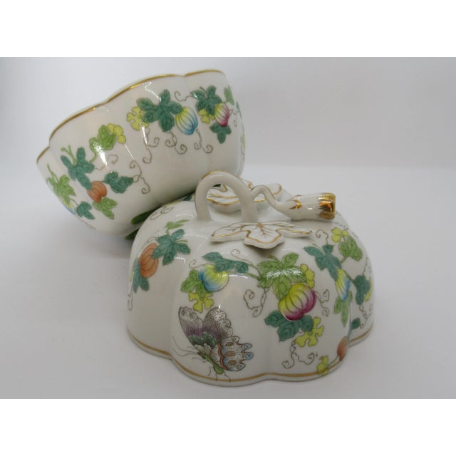 Metal Vintage Chinoiserie Porcelain Pumpkin Shaped Lidded Jar Hand Decorated For Sale - Image 7 of 12