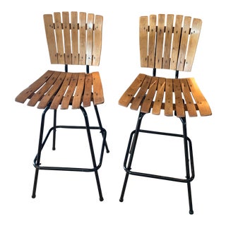 1960s Arthur Umanoff Birch Slat Counter Stools - a Pair For Sale