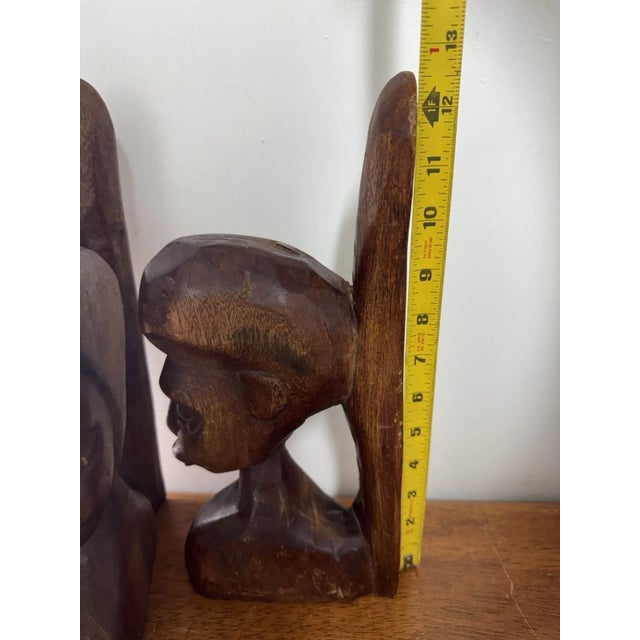 Vintage African Hand Carved Wood Couple Bust Bookends Tribal Folk Art 12" For Sale - Image 15 of 15