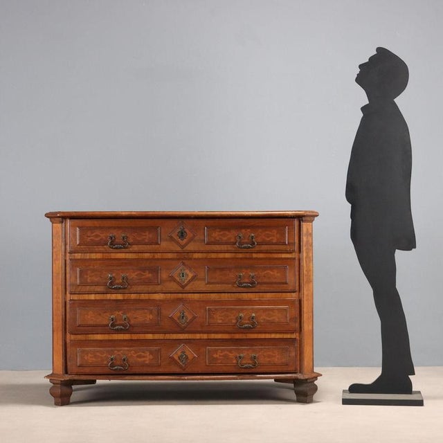 Baroque chest of drawers in walnut and olive wood, with maple trim and inlays in various woods. Four drawer fronts with...