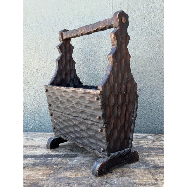 Vintage Carved Pine Wood Basket For Sale - Image 4 of 12
