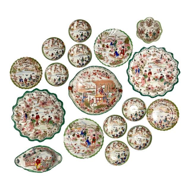 1920’s Antique Japanese Chinoiserie Hand Painted Traditional Geisha Girl & Pagoda Plates & Small Bowls - A 17 Piece Set For Sale