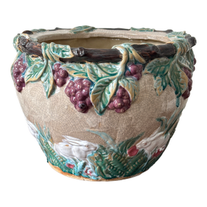 1980s Majolica Style Rabbits and Grapevine Planter
