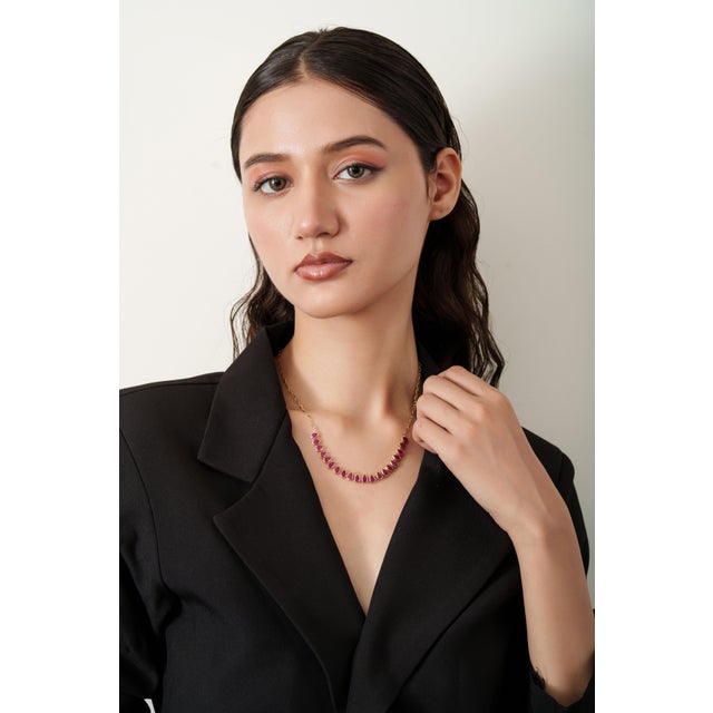 Ruby Red 8.88Carat Graduated Pear Cut Ruby Bezel Necklace in 14k Yellow Gold- 17 Inch Length For Sale - Image 8 of 18