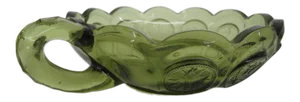 Vintage Fostoria Coin Glass Green Scalloped Candy Nut Dish with Handle