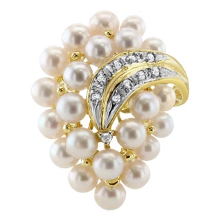 Large Pearl Cluster Ring with Diamond Accents 14k Yellow Gold, Size 8.5 For Sale