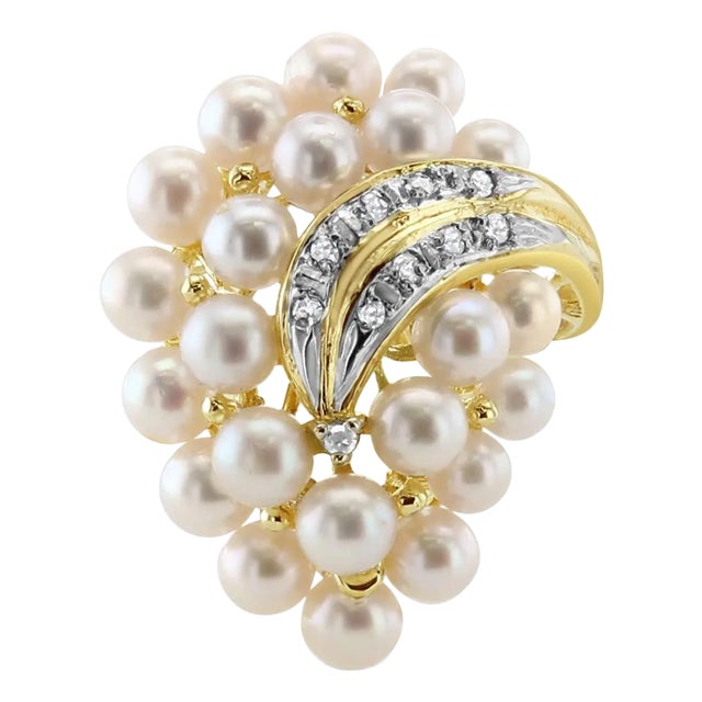 Large Pearl Cluster Ring with Diamond Accents 14k Yellow Gold, Size 8.5 For Sale
