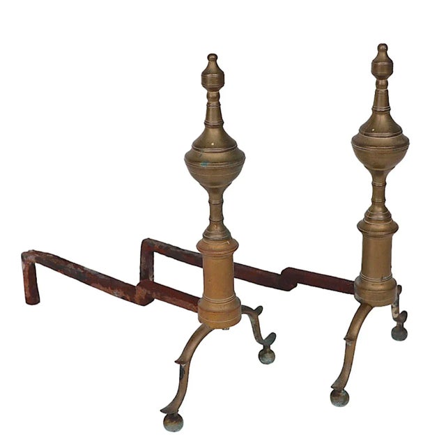 English Antique Brass Steeple Form Andirons For Sale - Image 3 of 7