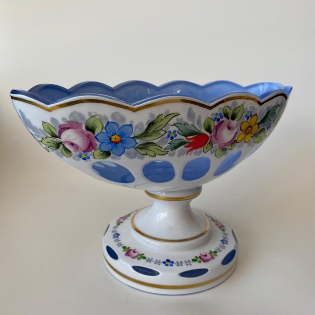 Vintage Moser Glass Oval Bowl: Cut-to-Clear, White With Blue Overlay, Hand Painted Florals For Sale - Image 11 of 16