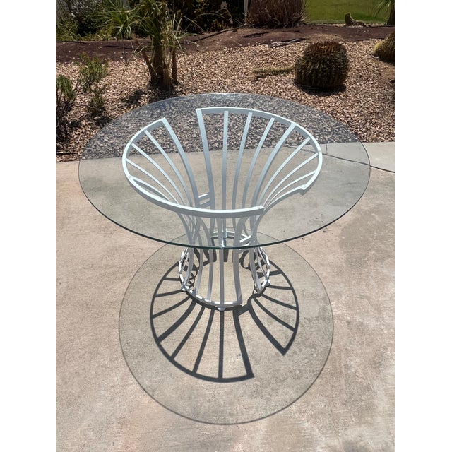 1970s Vintage Mid Century Modern Restored White Glass Patio Wrought Iron Dining Table Attributed to Arthur Umanoff for Shaver Howard For Sale - Image 5 of 7