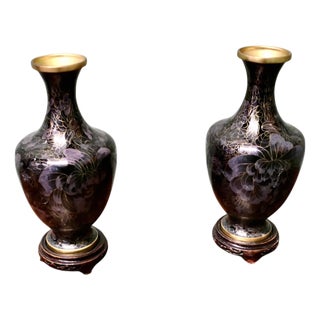 Vintage Black Cloisonné Baluster Vases on Stands, 1920, Set of 2 For Sale