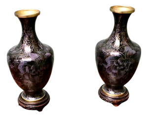 Vintage Black Cloisonné Baluster Vases on Stands, 1920, Set of 2