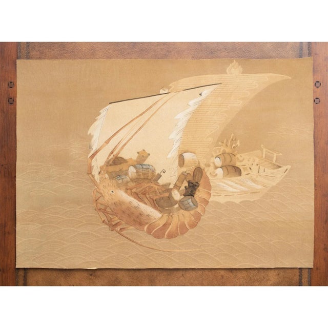 Sand 1970s Showa Era Large Japanese Printed Silk Scroll "Lobster Boat" For Sale - Image 8 of 10