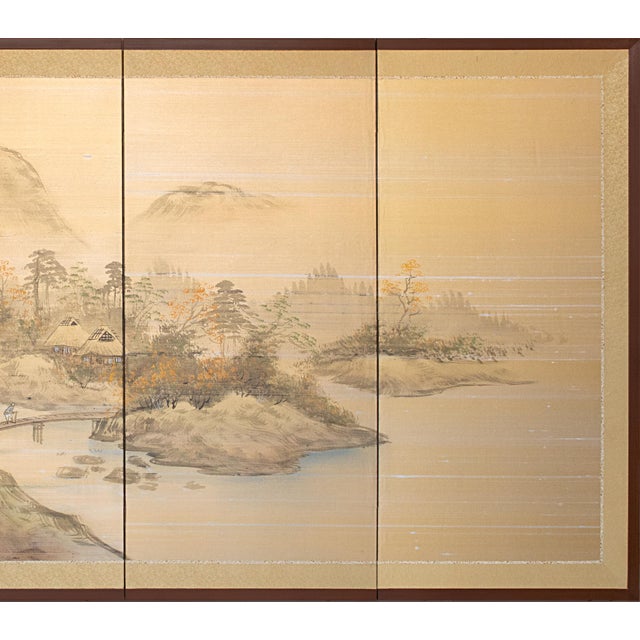 Japanese 1960s Shōwa Era Japanese Byobu Screen, "Mountain Landscape With River and Bridge" For Sale - Image 3 of 18