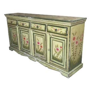 Antique French Country Hand Painted Floral Buffet Cabinet For Sale