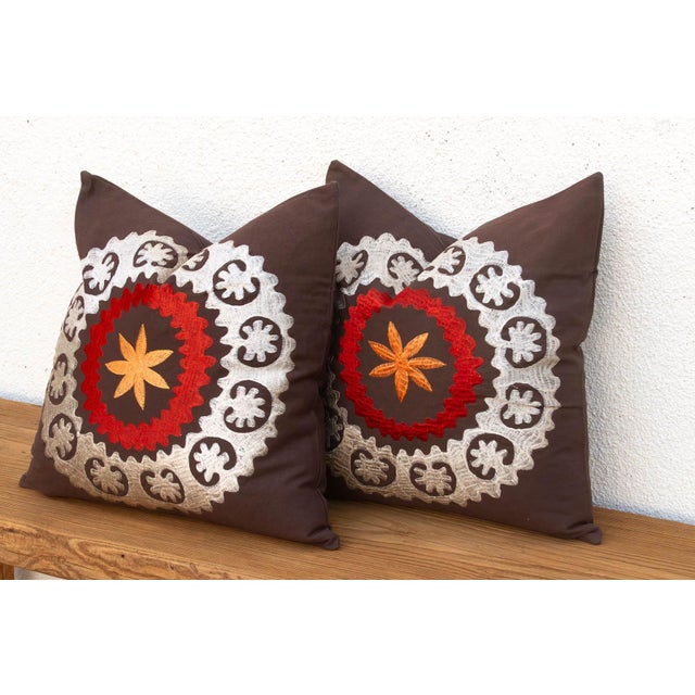 Boho Chic Pair of 18" Orange Flower Suzani Pillow Covers For Sale - Image 3 of 9
