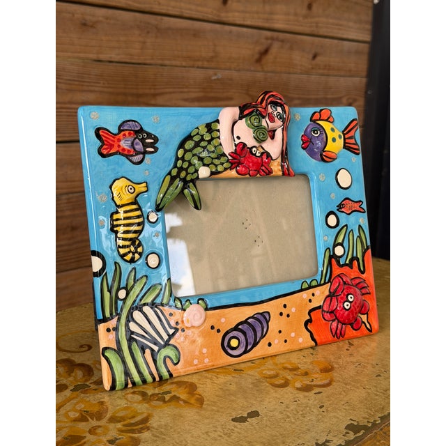 Tiffany Blue Whimsical Coastal Mermaid Hand-Painted Ceramic Glazed Picture Frame For Sale - Image 8 of 8