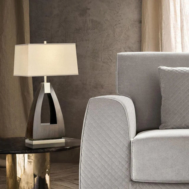 Trina Table Lamp - 30", Pecan Wood, Brushed Nickel, White Linen Shade, 3-Way Switch For Sale In Los Angeles - Image 6 of 10