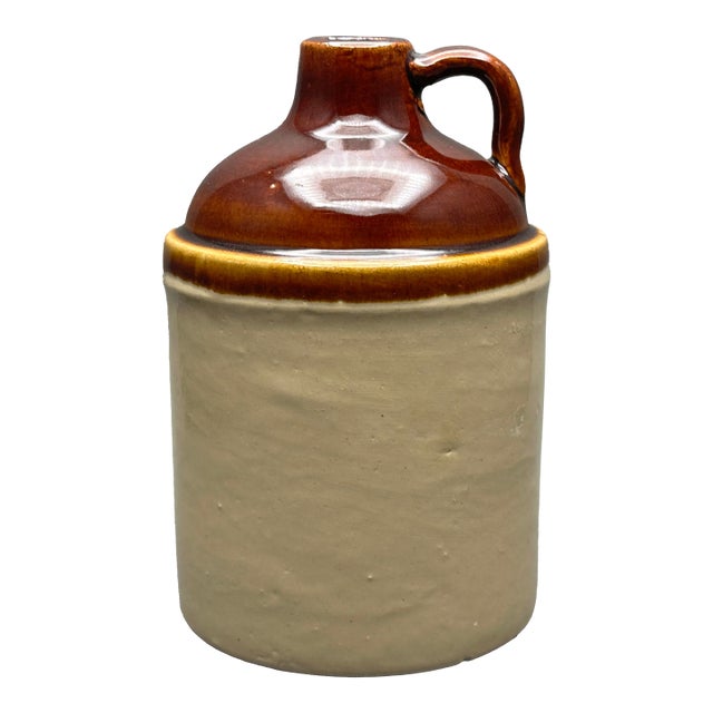 Vintage Rustic Two-Tone Brown/Tan Handled Stoneware Jug For Sale