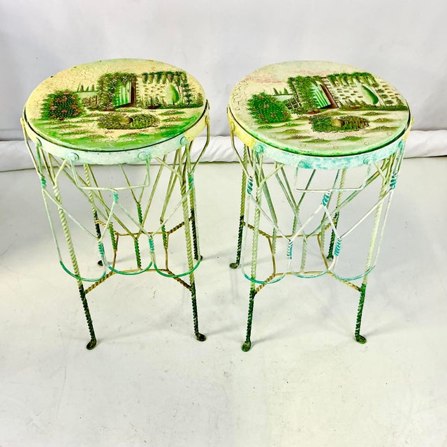 1970s Vintage Boho Chic Italian Ice Cream Cafe Indoor Outdoor Bar Stools Convertible Drinks Tables - A Pair For Sale - Image 16 of 18