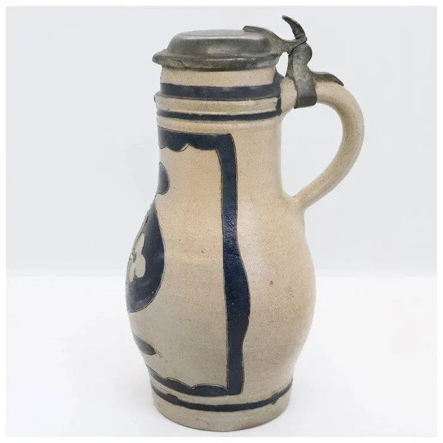 Gray German Westwald Stoneware Pottery Pewter Mounted Ale Tankard For Sale - Image 8 of 10