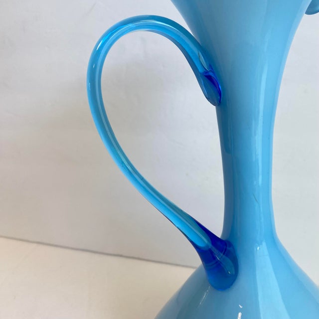 Glass Italian Art Glass Pitcher Sky Blue Cased Glass Turquoise Vessel Attributed to Empoli Italy For Sale - Image 7 of 9