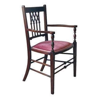 Antique English Edwardian Mahogany Desk Armchair in Velvet, 1890s For Sale