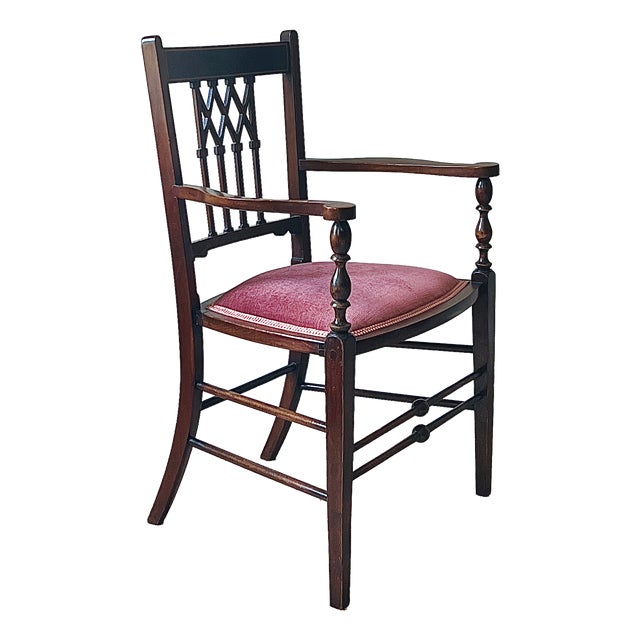 Antique English Edwardian Mahogany Desk Armchair in Velvet, 1890s For Sale