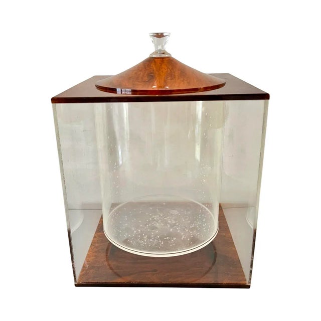 A vintage Mid Century Modern Square Lucite modernist Ice Bucket with lid, tortoise shell effect. Made by Morgan Designs in...