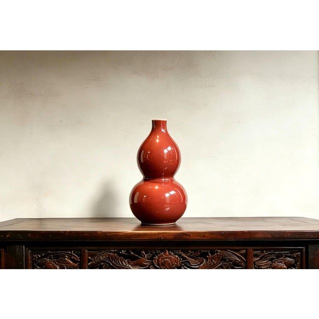 Art Deco Chinese Ceramic Vase,Red GlazePorcelain Gourd Vase For Sale - Image 3 of 11