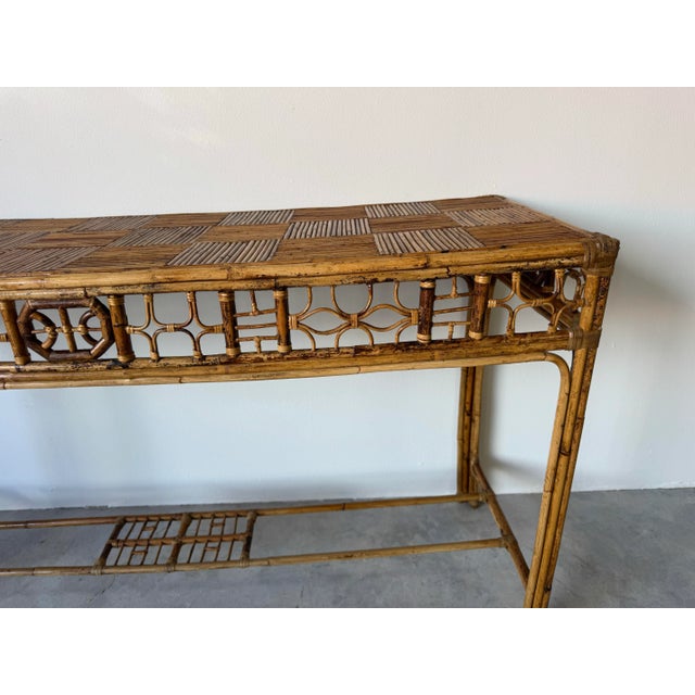 Vintage Bamboo & Leather Chinese Chippendale Fretwork Console Table With Parquet Top/Sold For Sale In Miami - Image 6 of 12