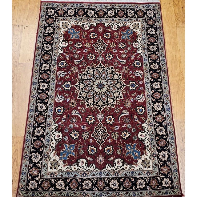 Vintage Tabriz Area Rug, Hand-Knotted Wool & Silk, Floral Pattern, Pomegranate-Red & Navy, 3x5 For Sale - Image 13 of 18