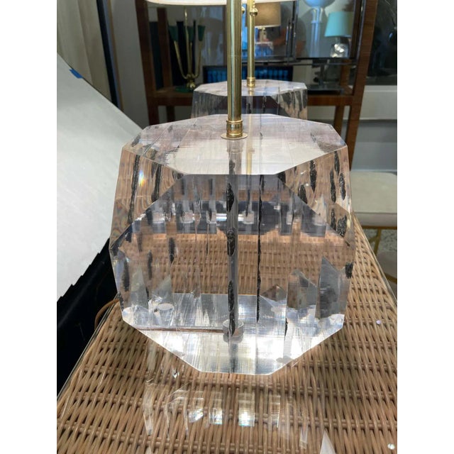 Postmodern Lucite Layered Hexagonal Block Lamps by Freda Koblick - A Pair For Sale - Image 3 of 11