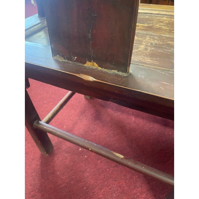 Vintage Pair Oriental Wooden Yoke Back Scholar Cap Arm Chairs Carved W/ Cut Out Design Back For Sale - Image 18 of 18