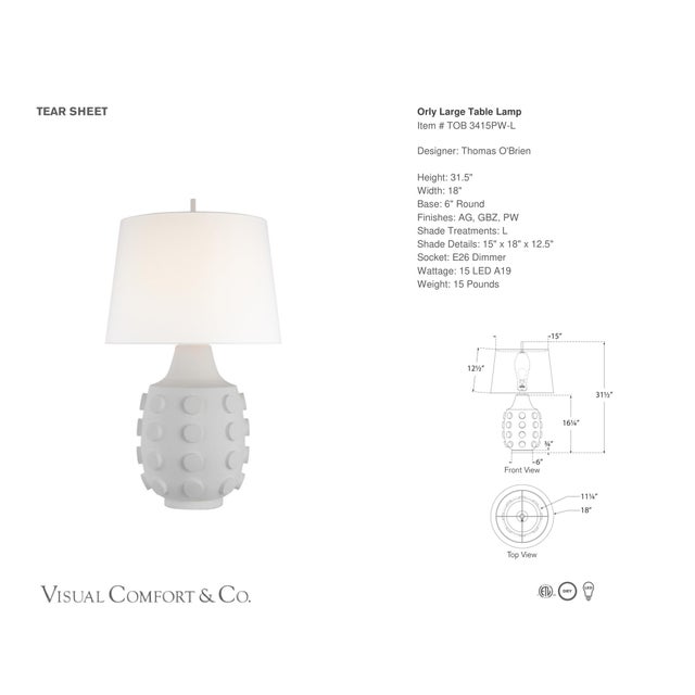 Thomas O'Brien by Visual Comfort Signature Orly Large Table Lamp in Plaster White with Linen Shade Designer: Thomas...
